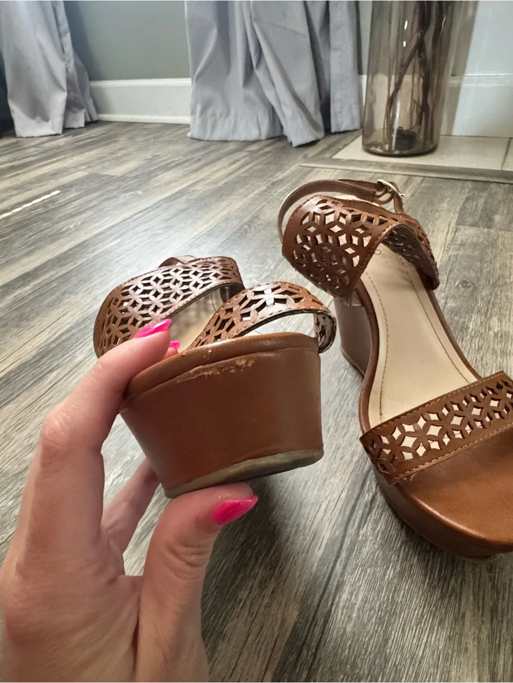 BAMBOO Cognac Laser-Cut Slingback Wedge Sandals